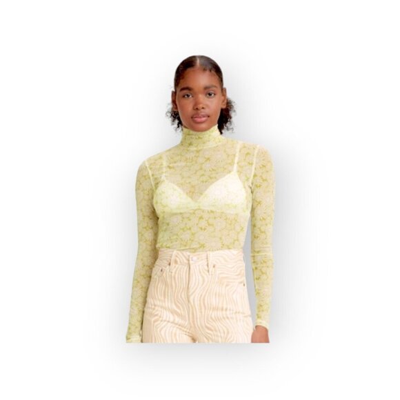 Semi Sheer Levi's Mesh Top XS Green White Daisy Print Mockneck Boho Layering - Picture 8 of 8